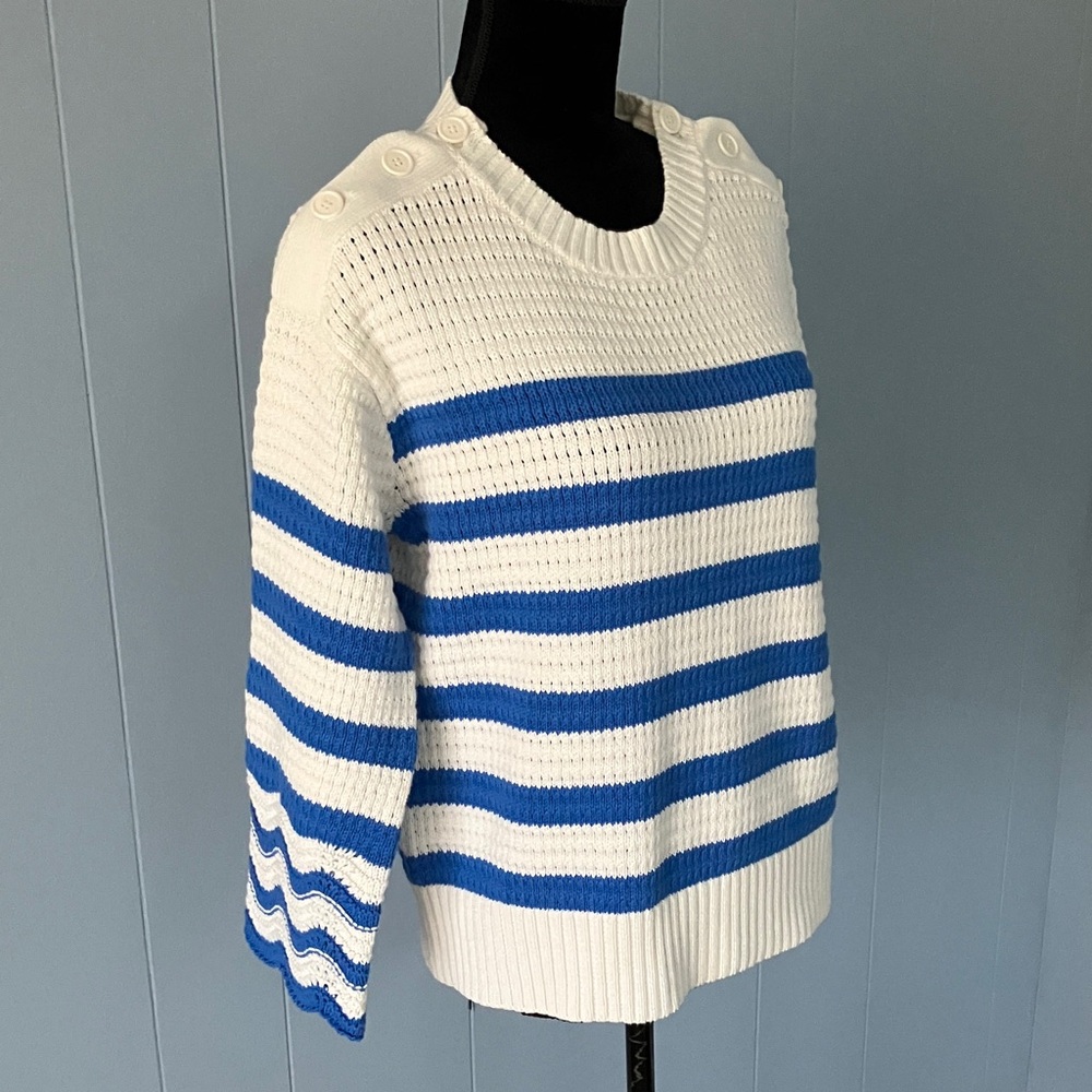 J. Crew Blue White Striped Cotton Crewneck Sweater Crocheted Sleeves Yacht Club